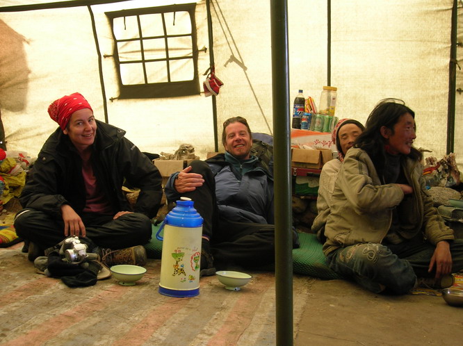 Relaxing in tent on the side of the trail. Mt. Kailash, Tibet.